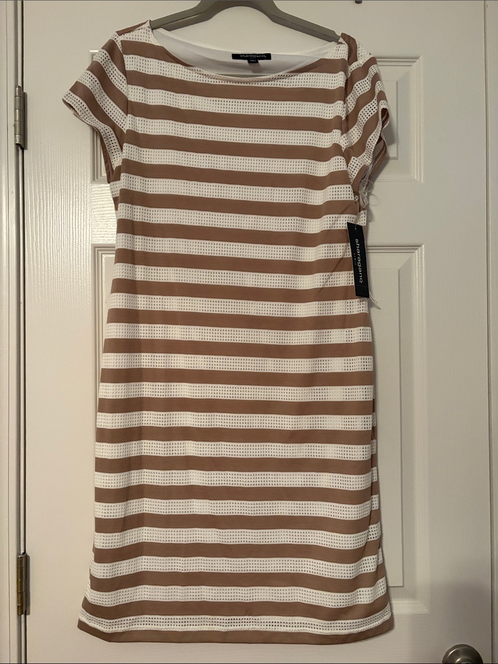 Sharagano White and Tan Striped Mini Shift Dress